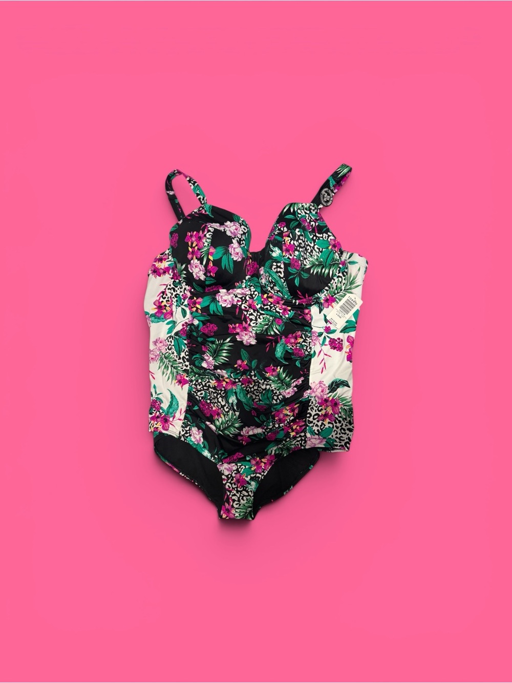 Torrid black/White One-Piece Swimsuit with Pink & Green Floral & leopard Print